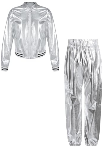 Miaeowve Sportbekleidung Kinder Mädchen Set Langarm Metallic Jacke Holographic Bomberjacke Mit Glitzer Hose Stretch Leggings 70er 80er Jahre Retro Sportswear Silber 146-152