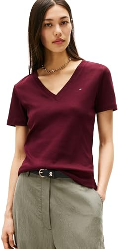Tommy Hilfiger Camiseta de manga corta Mujer New Slim Cody con cuello de pico, Rojo (Deep Burgundy), XL