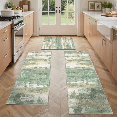 GENIMO Kitchen Rugs Sets of 3 Non Slip Washable Kitchen Mats for Floor, Waterproof Abstract Kitchen Runner Rug, Floor Mat Carpet for Hallway, Laundry, Sink, Entryway, Bathroom, Green