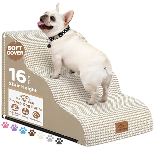 3-stufige Hundetreppe für kleine Hunde, 40,6 cm hoch, gebogene Haustiertreppe für alte/verletzte Hunde, Katzen, Kletterbett, Stuhl oder Couch, Premium-Schaumstoff, rutschfeste Rampe für Haustiere im