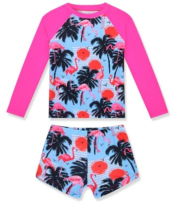 Tziharora Girls Swimsuit Size 7-8 Years Old Two Pieces Swimwear Rose Flamingos Bathing Suits for Water Surfing Sports