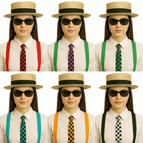 Classic Straw Boater Hat and Black Sunglasses Set for 6 – Includes 6 Vintage Skimmer Straw Hats with Ribbon Band + 6 Retro Black Sunglasses – Group Fancy Dress Accessory Kit for Men & Women – Ideal fo