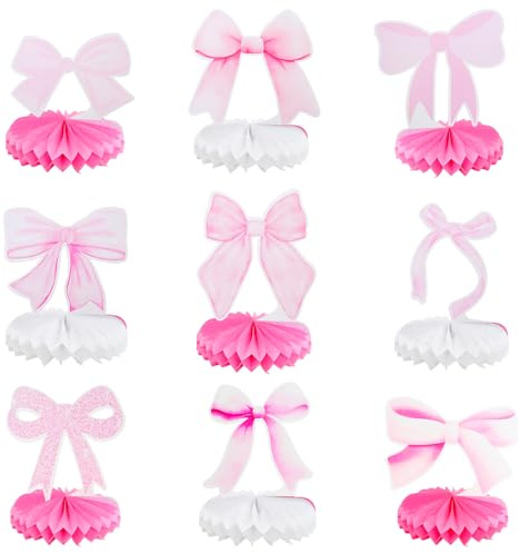 JJQHYC 9 Stück Rosa Schleifen Geburtstagsdeko Prinzessinnen Party Deko für Mädchen, Wabenbälle Schleifen Tischdeko für Geburtstag, Babyparty & Hochzeit