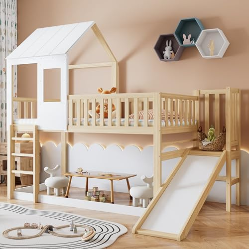 Huayz Cama alta 90 x 200 cm, litera para niños con escalera y tobogán, cuna con protección anticaída y somier de láminas, cama de juegos con techo y ventana, marco de pino, cama juvenil, natural y