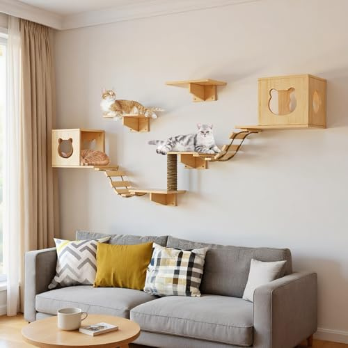 Zertylre Kletterwand Katzen, 9-teilig Katzen Kletterwand Set, Katzenwandmöbel, Katzenmöbel mit 2 Katzenhäusern, 4 Plattformen, 2 Katzenleiter,1 Säule, bis 15 kg