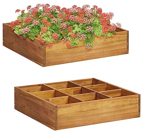 HaoChrymec Letto Rialzato da Giardino in Legno di Acacia, Cassone per Orto 9 Scomparti, Fioriera da Balcone ed Esterno per Erbe Aromatiche, Design Naturale, 60 x 60 x 15 cm