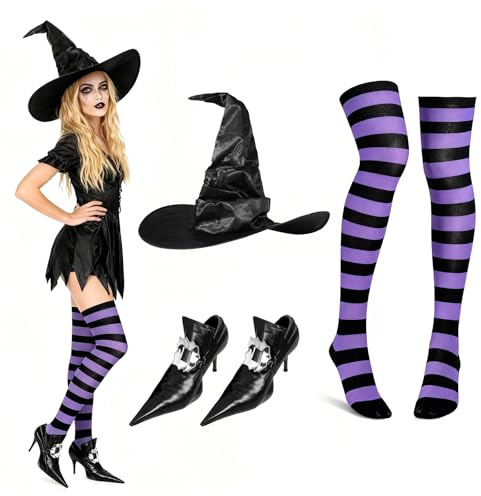 Beipegin Disfraz Bruja Mujer Cubrezapatos de Bruja Gorro Medias Escoba Brujo Disfraz Brujo Disfraces Halloween Carnaval Cosplay Adulto Niños