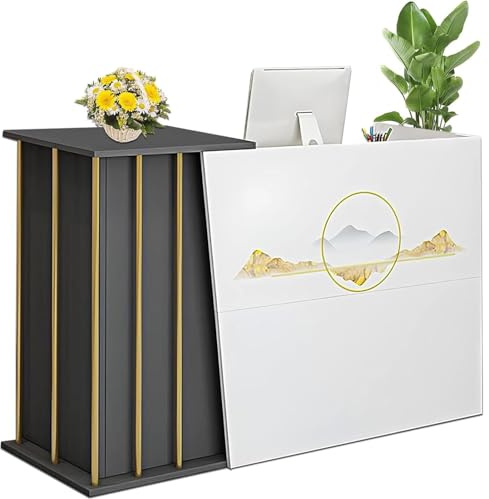 LRYFAEOO Empfangstheke Rezeption Schreibtisch für Büro, Laden & Hotel – Moderne Kassentheke mit Stauraum, abschließbarer Schublade & Thekenaufsatz(Off-White Gedruckte Farbe,120cm)