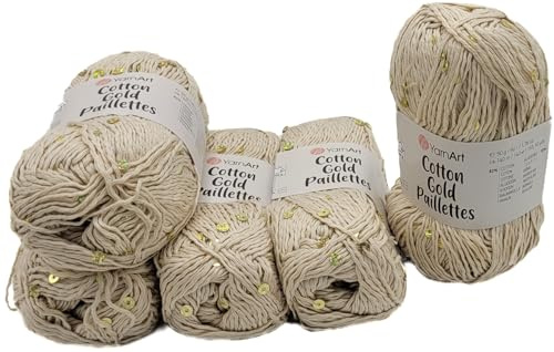5 x 50g Cotton Gold Paillettes Strickwolle einfarbig mit Pailletten, 250 Gramm Paillettengarn, Paillettenwolle Baumwolle und Polyester, Effektgarn, Strickgarn (hellbeige 7104)