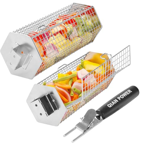 Rullande grillkorgar 2-pack, Rysk BBQ grillkorg i rostfritt stål | med avtagbart trähandtag för grönsaker räkor fiskkött, utomhus camping grillning gåvor för män pappa make