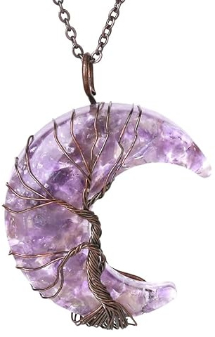 Générique Collier Pendentif Arbre De Vie Enroulé En Fil De Fer Reiki Pendentif Croissant De Lune Énergie Cristal Spirituel Bijoux Fait Main Naturel Gravier Pierre Précieuse Collier Pour Femme A