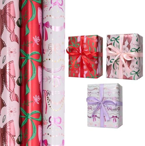 Geschenkpapierrolle zum Geburtstag, 3 Rollen à 43 cm x 3 m, mit Schleifenmuster, für Weihnachten, Geburtstage und Valentinstag