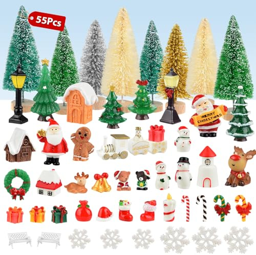 PLULON 55 teilige Weihnachtsschmuckfiguren zum Basteln, Mini-Weihnachtsbaum, Flaschenbürste, Bäume, Schneemann, Weihnachtsmann, Schneeflocke, Glocke, Puppenhaus-Zubehör für den Winterkamin, Weihnachts