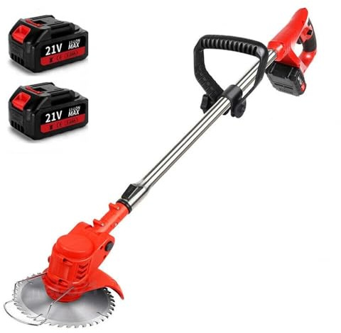 Huzoomtoyz Tagliaerba a batteria, 2 batterie da 21 V e 2 tipi di coltelli, decespugliatore elettrico a batteria, tagliabordi da giardino, asta telescopica allungabile, da giardino