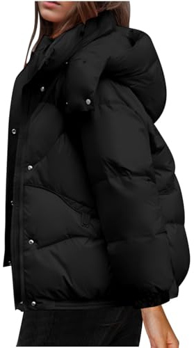 Womens Winter Short Down Coat Loose Solid Color Padding Jacket Puffer Outwear with Removable Hood Zipper Padded Quilted Coat Thermal Windproof Down Overcoat