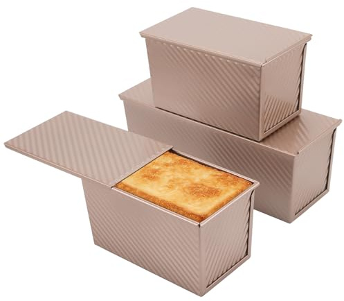 MUKSEUT 3 stycken rostat bröd bakform med lock 750 g och 450 g, välgjord brödform nonstick brödform rektangulär, guldbrödbakgryta med lock för bröd rostat bröd tårta