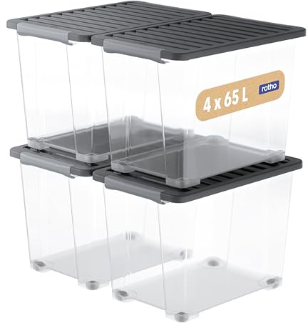 Rotho Core Plus Aufbewahrungsbox mit Deckel 65 L auf Rollen 4er-Set Schwarz | Aufbewahrungsboxen stapelbar, verschließbar, transparente Boxen, Kunststoffboxen-Set, große Rollboxen für die Aufbewahrung