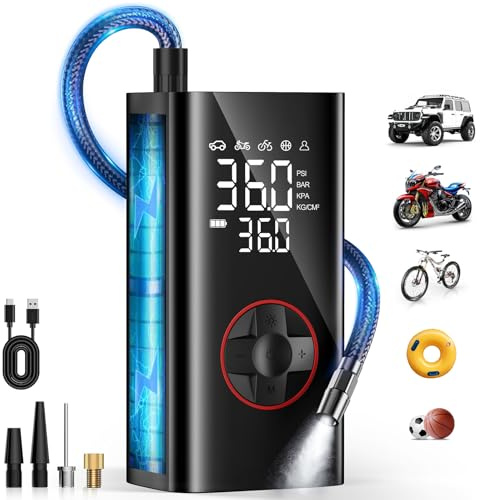 Tarden Tyre Inflator Air Compressor, Air Pump for Car Tyres 150PSI, Electric Bike Bicycle Pump,Fast Inflation,Auto Shutoff & 3 LED Light,Portable Air Compressor Tyre Inflator for Bike, Motorcycle,Ball