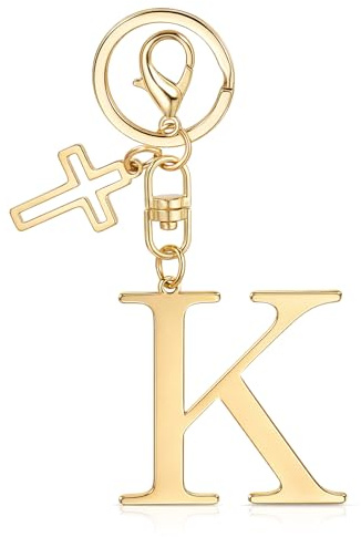 MWOOT Porte-clés Initiale Lettre Croix, Keychains Cross Keyring, Porte Clef Voiture, Porte-clés Acier Inoxydable, Cadeau Femme Homme Anniversaire (Doré K)