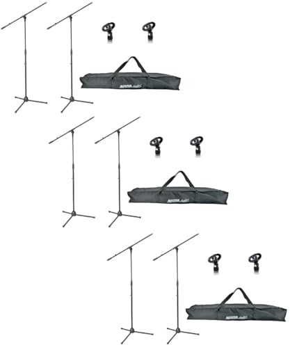 6 x ADAM HALL Eco Mikrofonständer Mikrofonstativ S5B mit Galgen/Schwenkarm, Höhe 98-162 cm, Mikrofonklammer/Mikrofonklemme schwarz + 3 x Tragetasche für 2 Stative