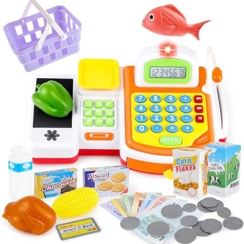 deAO Caisse Enregistreuse Jouet Scanner, Microphone, Bande et Lecteur de Carte, Ensemble d'Accessoires pour Magasin et Supermarché d'enfants Comprend Aliments Jouets