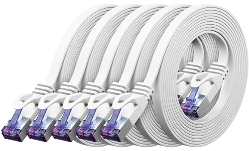 deleyCON 0,5m Flaches CAT7 Netzwerkkabel 10 Gbit/s, 5 Stück - Weiß | Kurzes 50cm RJ45 Ethernet Patchkabel flach, Gigabit LAN, für Internet, Switch, Router, Modem und Patchpanel