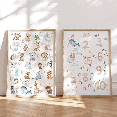 MeinBaby123® Bilder Kinderzimmer | 2er Set A4 Poster Set | Alphabet ABC Lernposter Zahlen mit Tiere | Deko Kinderzimmer Babyzimmer | Wandposter Premium (Alphabet & Zahlen - Set 2)