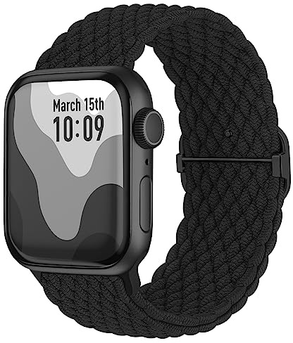 Suitisbest Bracelet en nylon tressé antidérapant et extensible, compatible avec Apple Watch 42 mm, 44 mm, 45 mm, 46 mm, 49 mm, pour Apple Watch 11, 10, 9, 8, SE, 7, 6, 5, 4, 3, 2, 1, Ultra 3/2/1, noir