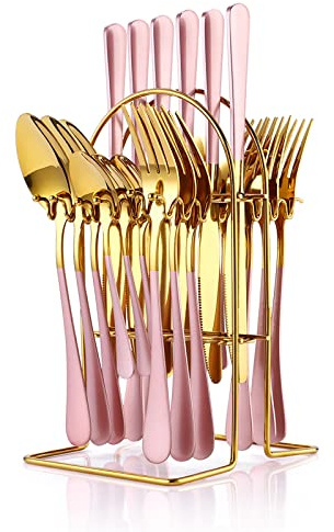 24 Piece Flatware Set, Stainless Steel Cutlery Set with Silverware Holder, Spoons, Forks, and Knives, Utensil Set Service for 6, Gold Mirror Polished and Matte Pink Painted (Pink)