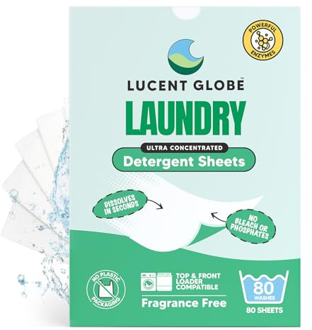 Lucent Globe Sensitive Laundry Detergent Sheets, Plant-Based, Biodegradable, Plastic Free Packaging. (80 Pack, Fragrance Free)