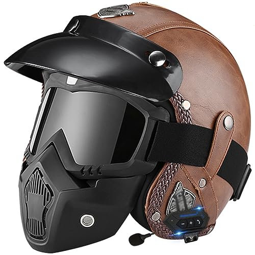 retrò Casco in Pelle, Casco Jet con Bluetooth Casco Scooter Omologato ECE Caschi da Moto di Sicurezza per Uomo e Donna