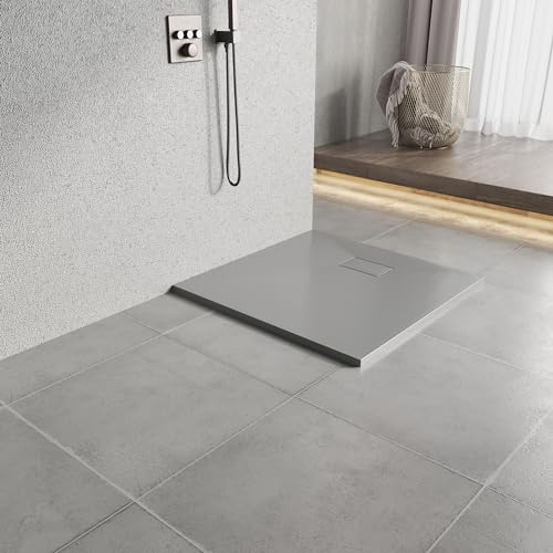 Heilmetz Receveur de douche SMC 90 x 90 cm extra plat 2,6 cm Gris | Receveur de douche SMC effet pierre antidérapant, hauteur 2,6 cm, bonde 90 mm, entretien facile et installation flexible