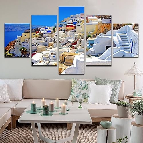 YUNTAOS 5 Teilige Kunstdruck Leinwandbilder 5 Teiliges Wandbild Santorini Griechenland Kunstdruck Auf Leinwand Leinwandbilder Wohnzimmer Schlafzimmer Wandbilder Wohnzimmer Modern
