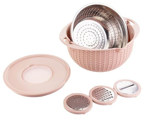 bephible Ergonomic Kitchen Gadgets Multifunctional Food Colander Bowl with Non-slip Base Stainless Steel Strainer Basket Mixing Bowl Kitchen Gadgets Set Pink