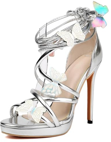 Sandales à Talons Aiguilles à Lacets pour Femmes, Sandales à la Mode en métal à Bout Ouvert Papillon noué en Croix, Talons habillés de mariée de fête de Gladiateur Sexy,Argent,39 EU