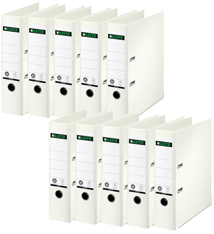 Leitz Qualitäts-Ordner 180°, 10er Pack, A4, 8 cm Rückenbreite, Spezialpapierkaschierung in Leinenprägung, Blauer Engel, Weiß, 10070001