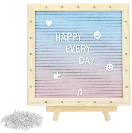 QWORK LED Gradient Felt Letter Board Sign Lights - 10x10 Inches Light Pink to Light Green Transition, Wood Frame with 20 LED Lights, 170 Letters, for Wedding Party Decor Festival Party