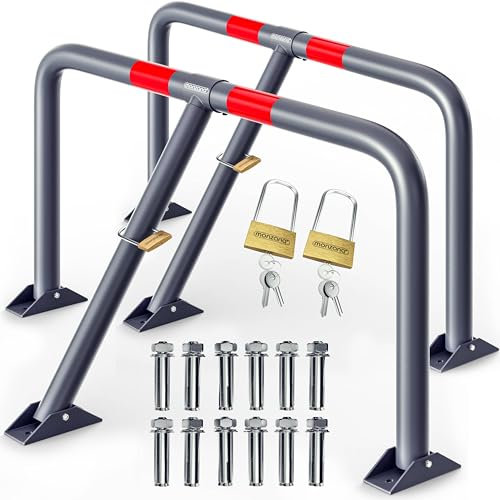 DEUBA® Set of 2 Security Parking Posts for Driveways | Robust Steel Car Park Barrier Bollards | Retractable Down to 7.5cm | 6 Keys and Padlock | Extra Car and Vehicle Security | 80x47x44 cm | Grey