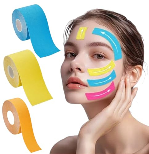 Ansiktslyftningstejp, 3 stycken ansiktslyftningstejp, anti-rynklappar, 3 färger med anti-rynklappar, anti-wrinkle patches, professionell kinesiologisk tejp - blau-gelb-orange