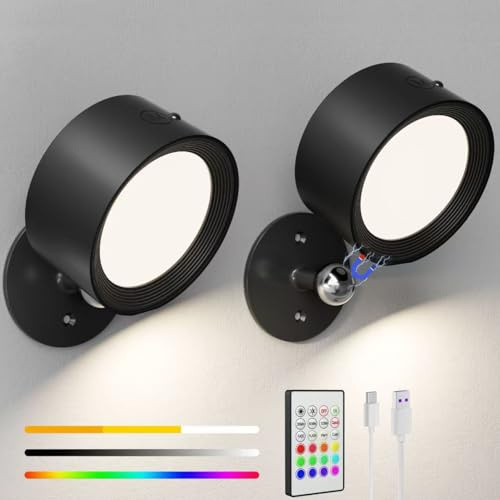 Yuewilai Magnetic Wall Sconce Dimmable, 2 Pack Rechargeable Battery Operated USB, Picture Painting Wall Light with Remote, Halloween Christmas Lights LED Wall Mounted Lamp (Black#A)