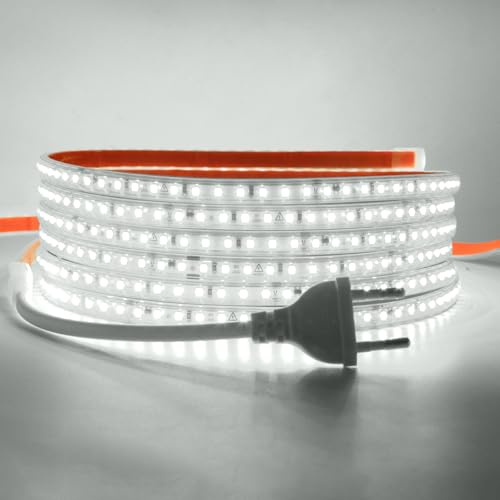 HEGEHE Conexión a AC220-240V Tira de LED,120LEDs/m SMD2835 Flexible Superbright Tira de luz LED cadena de luz de cuerda Autoadhesiva con enchufe para Navidad（5m, Blanco Frio）