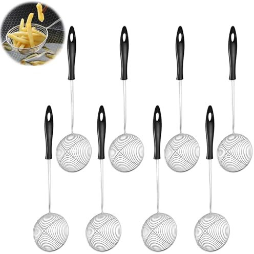 8 Stück Edelstahl Feinmaschig Fonduesieb, Fondue Sieb Siebkelle, Schaumlöffel, Schaumlöffel Edelstahl, Küchensieb Schöpflöffel, Abseihlöffel, für Garen von Gemüse Pilzen Fleisch Fisch, 29 cm
