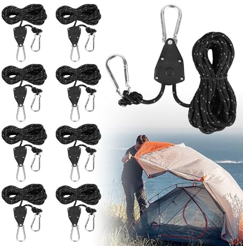 8 x Abspannseile mit Seilspanner, 4M Seilratsche Spannseil, Reflektierend Zeltschnur mit Spanner, Haken, Ø 4mm Einstellbare Seil für Camping Grow Zelt Light