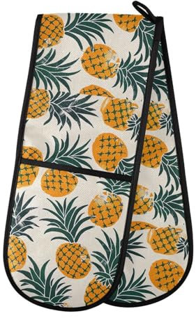 Ofenhandschuhe, doppelte Ofenhandschuhe, Ananas, Früchte, weiß, hitzebeständig, gesteppt, für Grillen, Backen, Küche, Kochen, Handschuhe