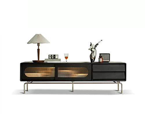 Meuble TV Meuble TV avec Porte coulissante en Verre et Support en métal Meuble de Rangement Noir rétro pour Salon Console multimédia Centre de Divertissement