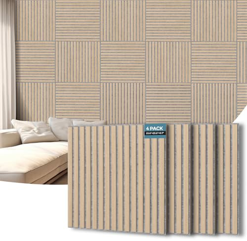 AKUMAX Wood Slat Acoustic Panels for Wall and Ceiling - 3D Fluted Sound Absorbing Panel - Classic Oak-Covering 1.44㎡-Wooden Wall Panels for Living Room, Bedroom, Office-4 Pack(Classic Oak)