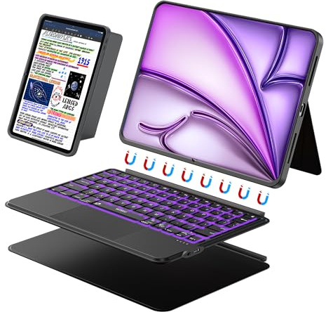 WIWU Funda con Teclado iPad Pro 12.9 Air 13 M4/M3/M2 Carcasa Magnética 3 en 1 Desmontable Soporte Ajustable Teclas Retroiluminadas 7 Colores (Negro, iPad Air 13 M4/M3/M2 iPad Pro 12,9 6/5/4/3)