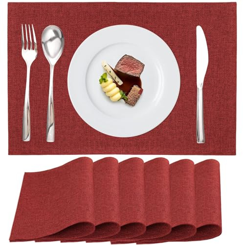 Tischset Leinen Platzdeckchen Stoff 6er Set,Rot Abwaschbare Platzsets,45 x 30 cm Fein gerippte Baumwoll-Tischunterlage,für Heimküche, Café Restaurant