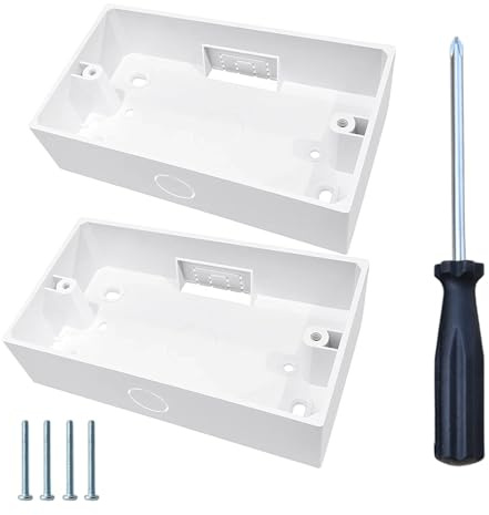 2 PCS Double Socket Back Box, Back Box 35mm Surface Mounted Box for Wall Socket and Switch Installation, White Plastic Enclosure with Screws,Small Cross Screwdriver
