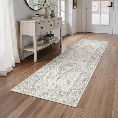 PureCozy Grau Läufer Flur Vintage Teppich 60x180cm Waschbarer Teppiche | Rutschfest Kurzflor,Weich Cream Teppiche, Küchen ,Hallway,Wohnzimmer,Schlafzimmer,Bettvorleger,Büro,Retroteppiche